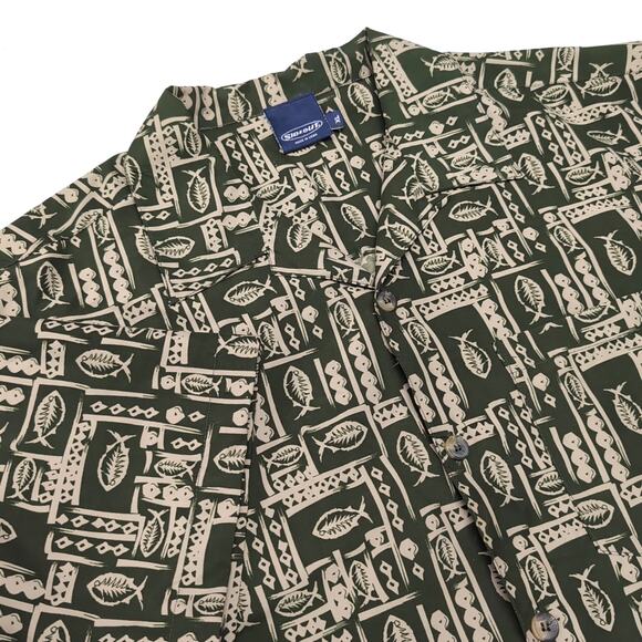 VTG SIDEOUT Button Up Shirt Mens Size XL Green Fish Geometric Print Short Sleeve - Picture 1 of 11